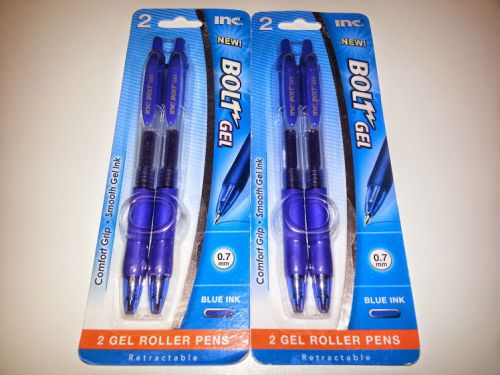 Two (2) packs inc bolt gel 0.7mm comfort grip roller ball retractable blue pens for sale