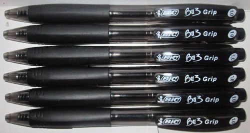 6 Bic BU3 Grip Ballpoint Pens - Black Ink - Medium Lines 1.0mm