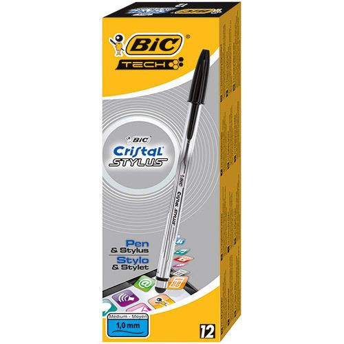 Bic Cristal Stylus Ballpoint Pens for pads and smartphone (Pack of 12)