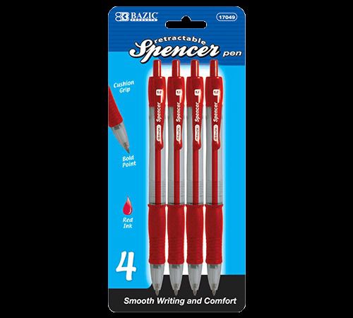 BAZIC Spencer Red Retractable Pen w/ Cushion Grip (4/Pack), Case of 24