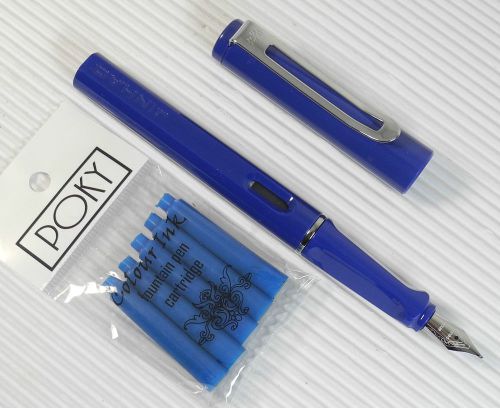 JINHAO 599B Fountain pen BLUE plastic barrel +5 POKY cartridges BLUE ink