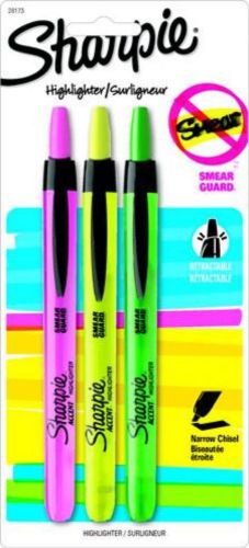 Sanford pen style sharpie retractable fluorescent yellowith pink/green 3 count for sale