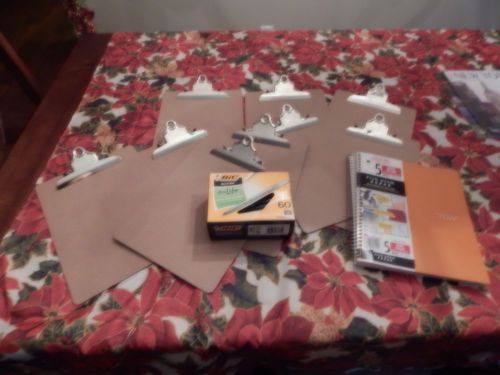 MIXED LOT OF OFFICE SUPPLIES; CLIP BOARDS,PENS, AND 5 SUBJECT NOTEBOOK.