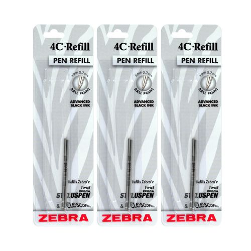 Zebra 4-C Retractable Ballpoint PenRefill, 0.7mm, Fine Point Black Ink Pack of 6