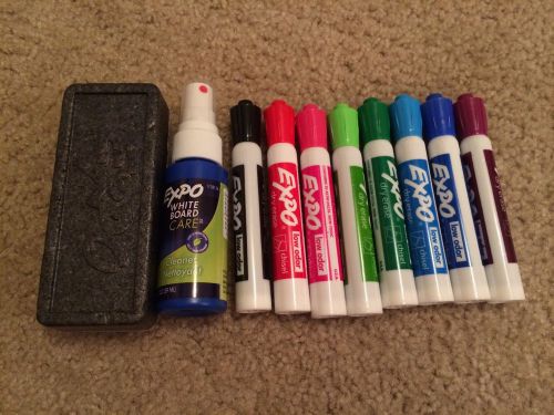 Expo dry erase board set of cleaner, eraser, chisel tip markers, 8 multicolor for sale