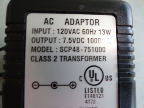 S4:  AC Adapter Class 2 Transformer In: 120VAC Out:7.5VDC Model# SCP48-751000