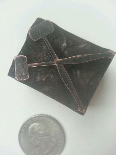 VINTAGE Copper METAL Printer Block Letter Press crossed gavel Masonic hammer