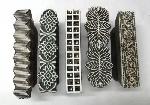 LOT OF 5 WOODEN HAND CARVED TEXTILE PRINTING FABRIC BLOCK STAMP BORDER PATTERNS