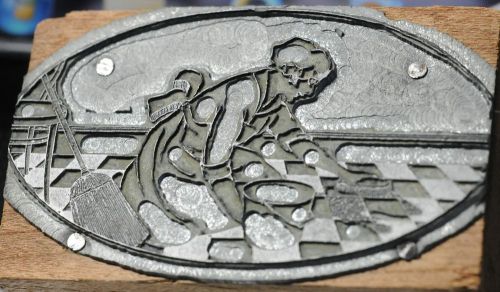 Vintage Letterpress Print Block, early 20th C.; woman on her knees scrubbing !!