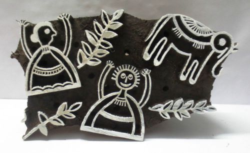 VINTAGE WOOD HAND CARVED TEXTILE PRINTING ON FABRIC BLOCK STAMP UNIQUE FIGURES
