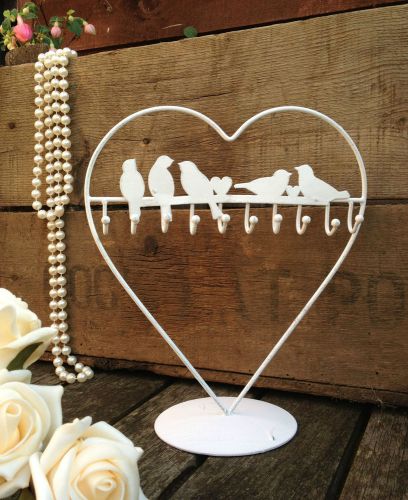 White Heart Jewellery Holder Stand Vintage Rack Shabby Birds Trinket Display