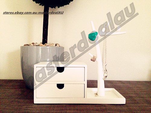 Bird on tree jewellery display stand 2 drawers ring holder wood storage white for sale