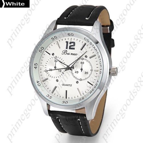 White face pu leather band false sub dial analog quartz men&#039;s wristwatch black for sale