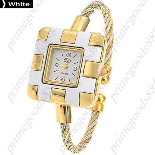 Square Hoop Bracelet Bangle Lady Ladies Analog Quartz Wristwatch Women&#039;s White