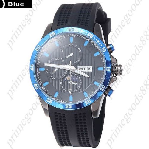Black Rubber Band Quartz Analog Date Sub Dials Wrist Men&#039;s Wristwatch Blue Case