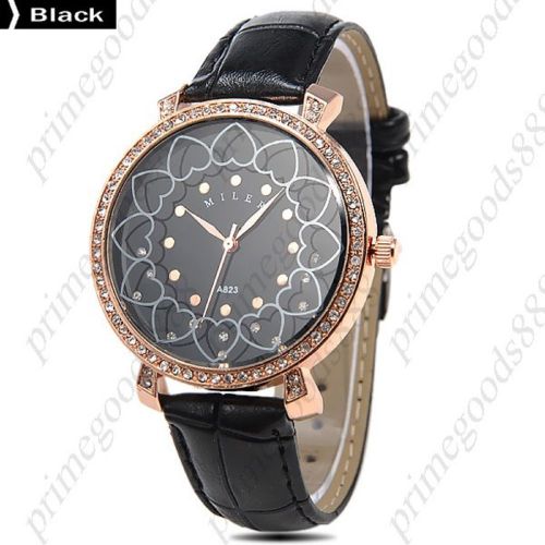Hearts Rhinestones PU Leather Quartz Heart Lady Ladies Wristwatch Women&#039;s Black