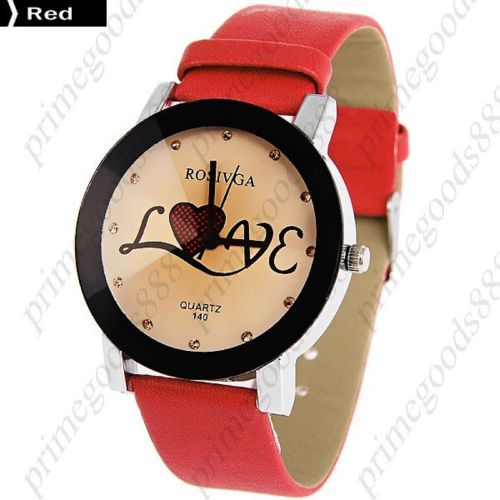 Love Rhinestones PU Leather Lady Ladies Analog Quartz Wristwatch Women&#039;s Red
