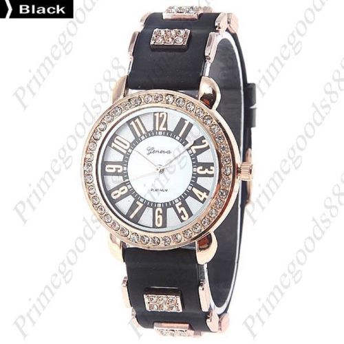 Round Rhinestones Rubber Band Lady Ladies Wrist Quartz Wristwatch Women&#039;s Black