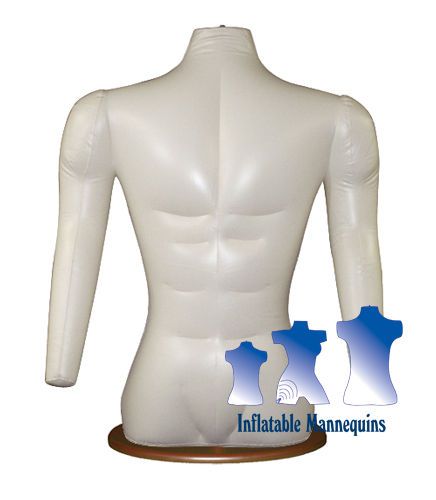 Inflatable Male Torso With Arms, Ivory And Wood Table Top Stand, Brown