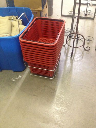 LOCAL PICKUP - Durable Set of 12 Red Plastic Shopping Baskets w/Metal Stand