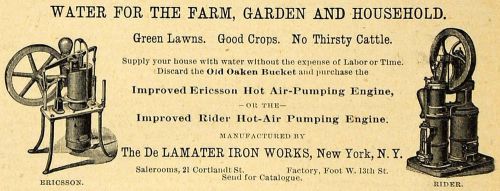 1892 ad de lamater iron ericsson hot air pumping engine farm garden home aag1 for sale