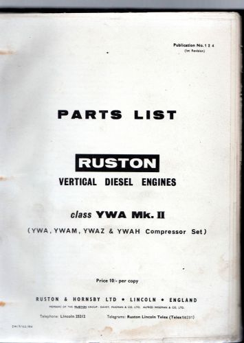 Ruston &amp; Hornsby YWA MkII Vertical Diesel Engine Spare Parts List 1963  4344E