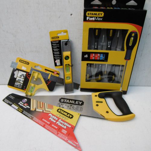 Stanley 4pce tool kit combi square spirit level screwdriver set &amp; toolbox saw for sale