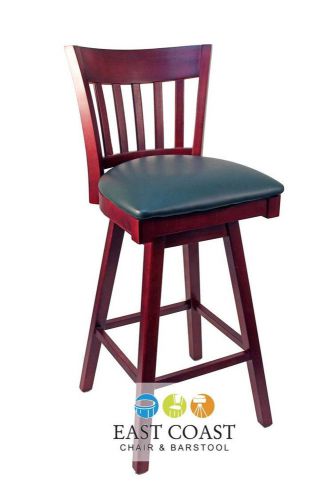 New gladiator mahogany vertical back wooden swivel bar stool w/ green vinyl seat for sale