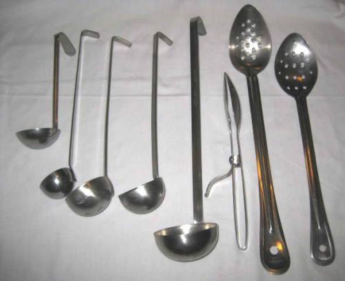 Assortment of 8 Restaurant Style Stainless Steel Serving Spoons and Ladles
