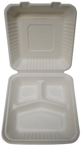 PrimeWare PLA-39 White Molded Fiber Hinged Lid Container  9&#034; Length x 9&#034; Width x