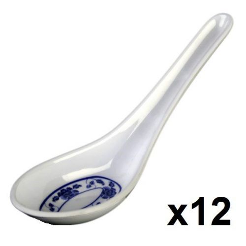 Pack of 12 white w/ blue lotus melamine plastic won ton soup spoon 5.75&#034; for sale