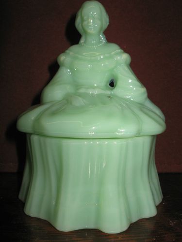 Jadeite green milk glass doll powder / jewelry box dresser tray holder girl jade