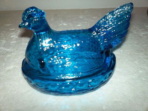 blue glass hen chicken on nest basket candy dish