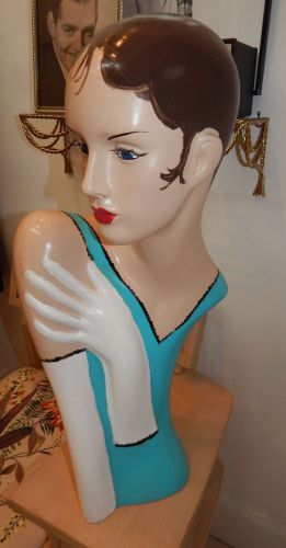 Art Deco Flapper style Teal Aqua Mannequin Head Bust Hat Stand Display 26&#034;