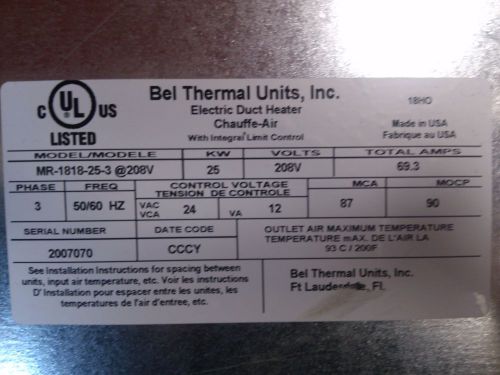Bel thermal electric duct heater mr-1818-25-3@208v for sale