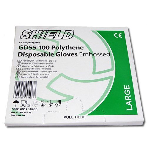 100 x Shield Disposable Polythene PE Gloves Embossed Food Cleaning Glove Boxed