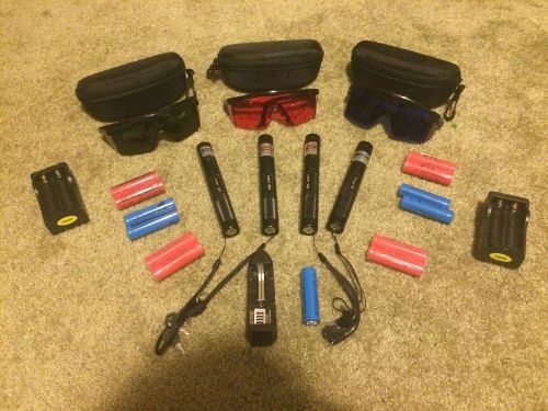 Lasers (red, green, and blue/violet), batteries, and laser safety glasses. for sale