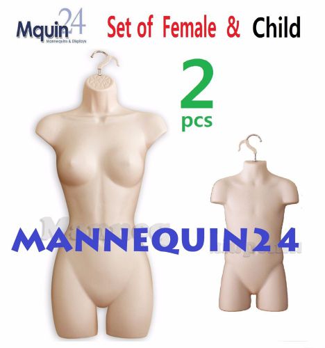 2 MANNEQUINS: HARD PLASTIC FEMALE &amp; CHILD BODY FORMS *FLESH* HANGING HOOKS