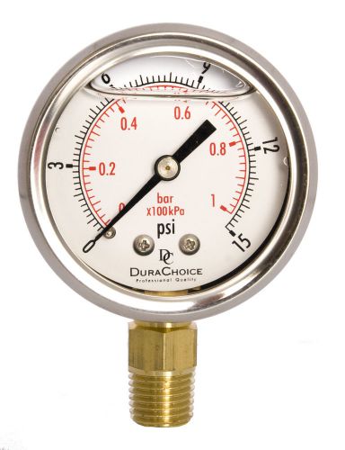 2&#034; oil filled pressure gauge - ss/br 1/4&#034; npt lower mount 15psi for sale