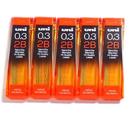Uni-ball Uni NanoDia Low-Wear Pencil Leads 0.3 mm 2B, 15 Leads X 5 Pack/total 75