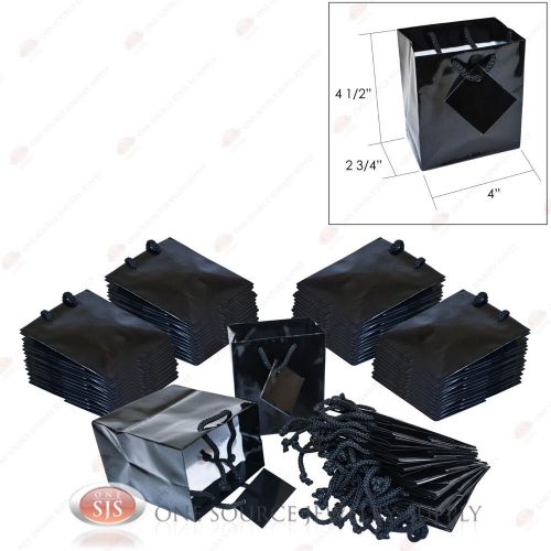 50 Glossy Black Finish Paper Tote Gift Merchandise Bags 4&#034; x 2 3/4&#034; x 4 1/2&#034;H