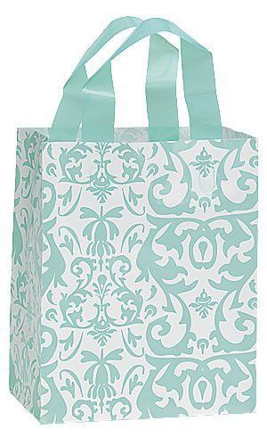 Count of 25 Retail Medium Aqua Damask Frosty Shopper 8&#034; x 5&#034; x 10&#034;