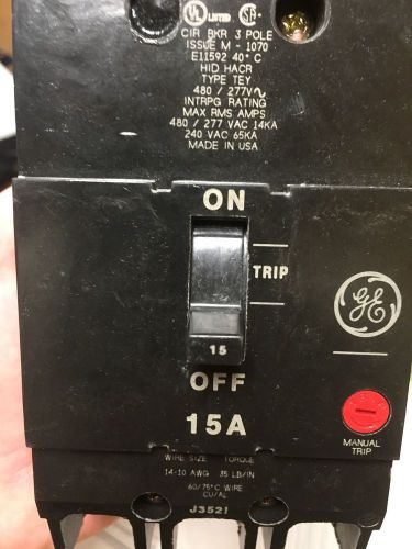 GE TEY315 Molded Case Circuit Breaker NEW quantity 1.  3P 15 AMP FREE SHIPPING