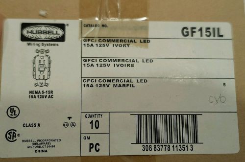 HUBBELL GFCI COMMERCIAL LED IVORY  CAT#GF15IL 15A 125V *NIB* BOX of 10