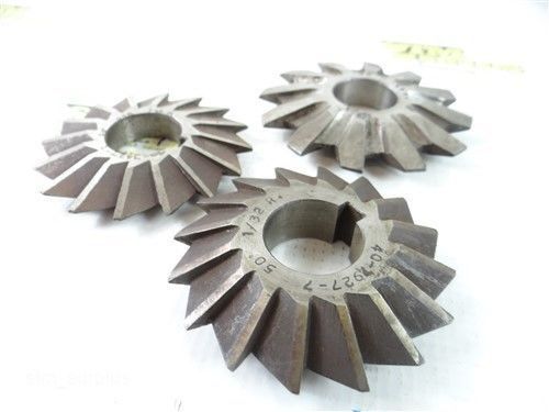 LOT OF 3 HSS DOUBLE ANGLE MILLING CUTTERS 3&#034; TO 3-5/8&#034; 1&#034; BORE