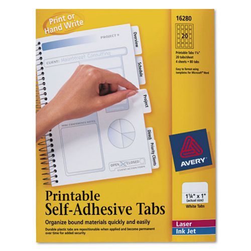 &#034;Avery Printable Plastic Tabs W/Repositionable Adhesive, 1 1/4, White, 96/pack&#034;