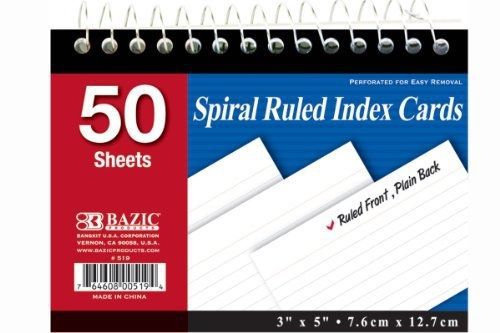 Bazic Spiral Bound 3 Inch X 5 Inch Ruled White Index Card - 50 Ct. (Pack of 6)