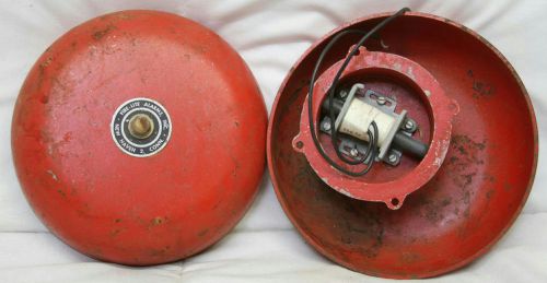 8&#034; VINTAGE FIRE-LITE ALARMS INC. RED METAL FIRE ALARM BELLS SET OF 2