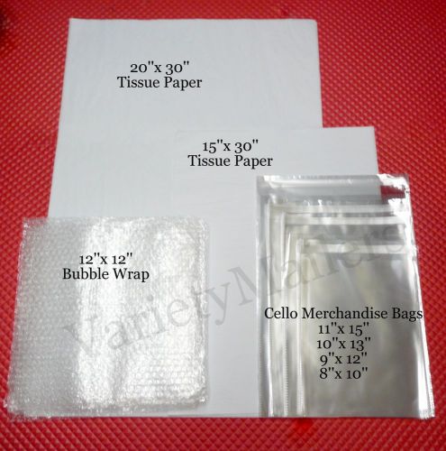 70 PIECE TISSUE PAPER, CELLO MERCHANDISE BAG &amp; BUBBLE WRAP COMBO VARIETY PACK