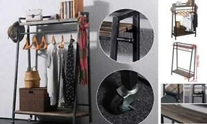 Industrial Clothing Rack with Wood Shelves,Vintage Black Iron Garment Rack